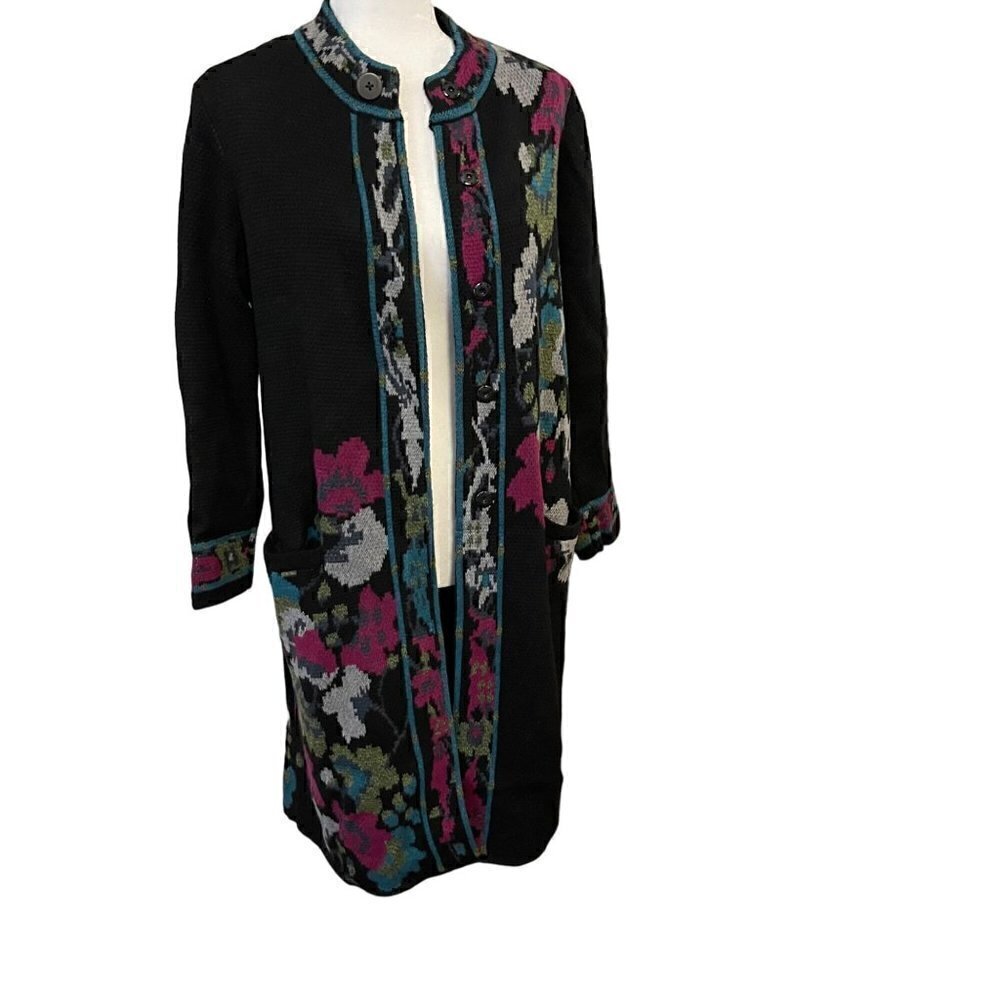 J. Jill Duster Cardigan Sweater Women's Small Oversized Floral Black Boho
